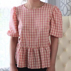 Nanette Lepore Plaid Peplum Blouse w Puff Sleeves - Pink/cream - Size Small S